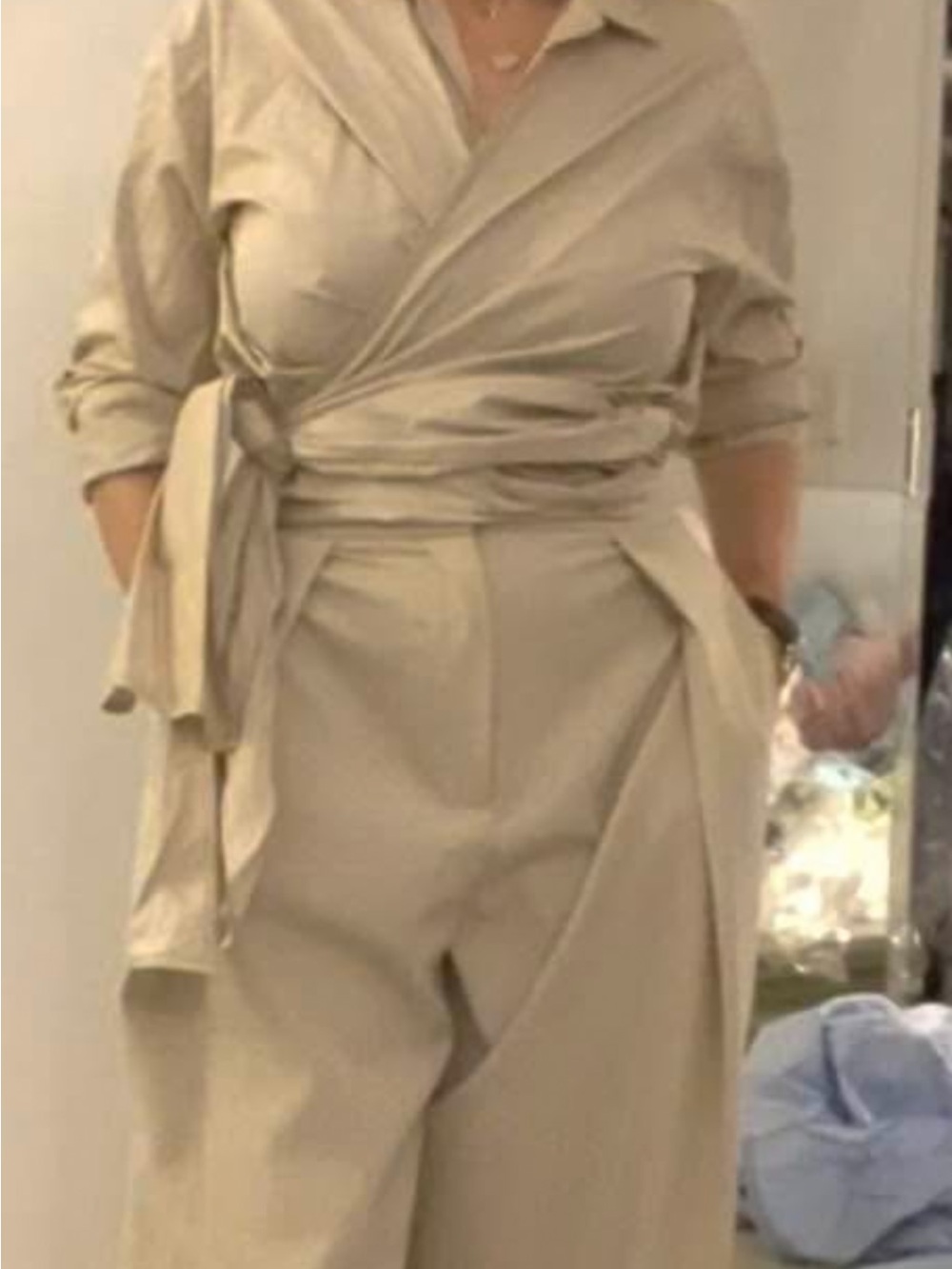 Zara Wrap-Style Long Sleeve Top in Light Beige